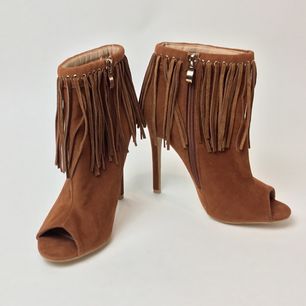 Lilana Peep Toe High Heel Bootie with Fringe 7.5US